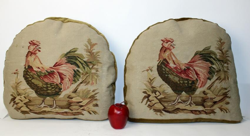 Pair of Aubusson chair seat pillows with roosters