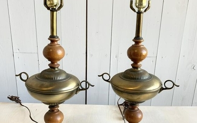 Pair of Brass and Wood Table Lamps