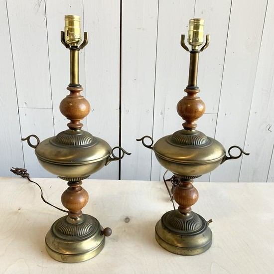 Pair of Brass and Wood Table Lamps