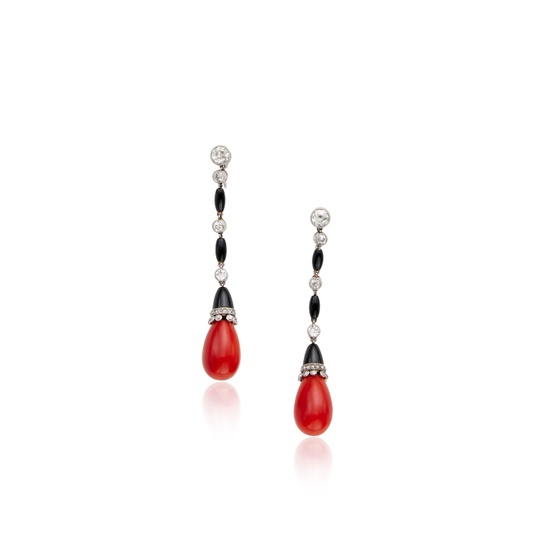 Pair of Coral, Onyx and Diamond Pendant-Earrings, France