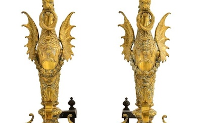 Pair of French Gilt Bronze Dragon-Form Andirons