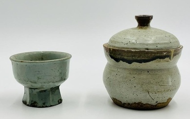 Pair of Hand thrown pottery studio Pieces, One lidded and a Squat Vase