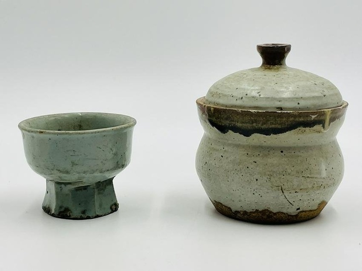 Pair of Hand thrown pottery studio Pieces, One lidded and a Squat Vase