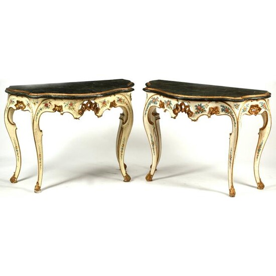 Pair of Louis XV Style Painted and Parcel Gilt Consoles