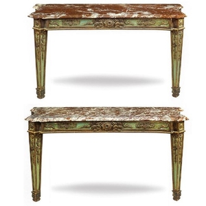 Pair of lacquered green and gilded wood consolles