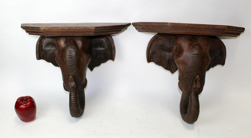 Pair of wooden elephant wall shelves