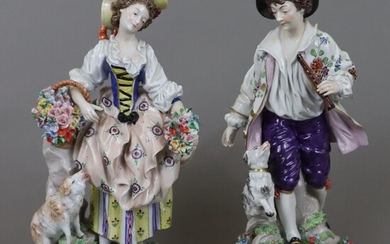 Paire de personnages "berger" et "bergère" - Sitzendorf, 20e siècle, porcelaine, peinture polychrome, peinture dorée,...