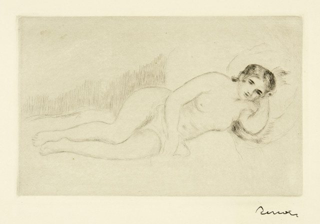 Pierre-Auguste Renoir - Limoges 1841 - 1919 Cagnes-sur-Mer - Femme nue couchée (tournée à droite) 1er planche. - Femme nue couchée (tournée à droite), 2e planche . - Claude Renoir, fils de l'artiste, de profil. - Claude Renoir, de trois-quarts à...