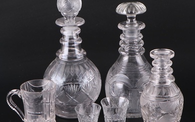 Prussian Style Ring Neck Decanters with Cut Glass Tankard and Liquor Glasses