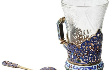 RUSSIAN GILT SILVER TEA GLASS HOLDER WITH SPOON