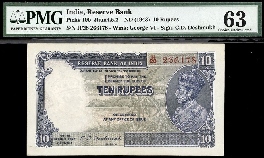 Reserve Bank of India, 10 rupees, ND (1943), serial number H/28 266178, (Pick 19b, TBB B203b)