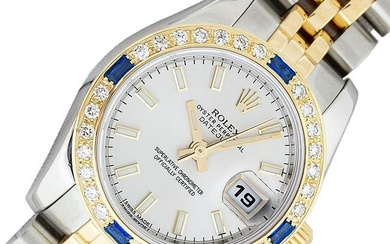 Rolex Quickset 2T Silver Index Diamond & Sapphire Datejust Wristwatch 26MM