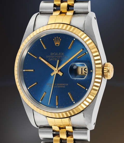 Rolex, Ref. 16233; inside caseback stamped 16200 A crisp and attractive stainless steel and yellow gold wristwatch with date, bracelet, and blue sunburst dial