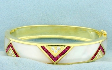 Ruby, Mother of Pearl and Diamond Bangle Bracelet in 18K Yellow Gold