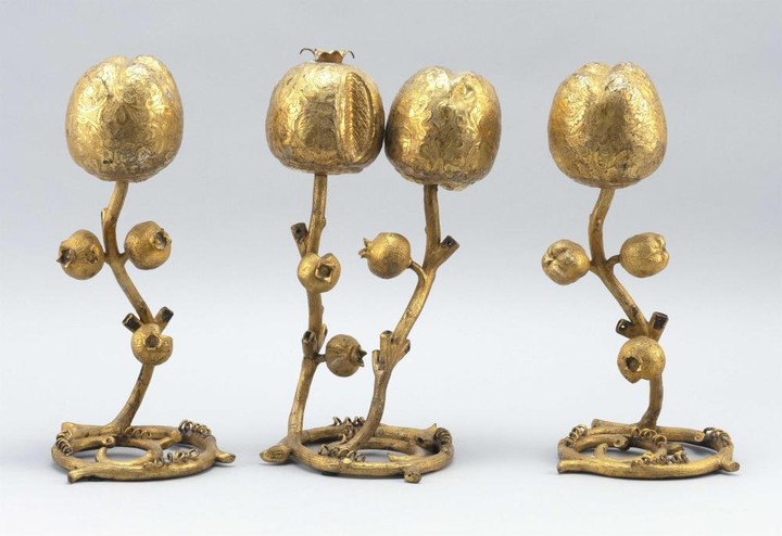 SET OF THREE CHINESE GILT-BRONZE ALTAR ORNAMENTS In the form of pomegranates on twisted stems. One double and two single. Some eleme...