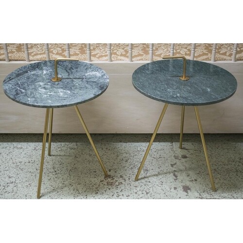 SIDE TABLES, a pair, vintage style, brass with circular gree...