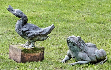 Sculpteur animalier contemporain (actif à la fin du 20e siècle) Canard et grenouille comme sculptures...