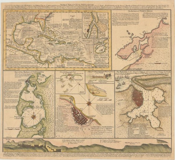 Separately-Issued Sheet Illustrating the War of Jenkins' Ear, "The Seat of War in the West Indies, Containing New & Accurate Plans of the Havana, la Vera Cruz, Cartagena and Puerto Bello...", Foster, George