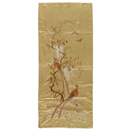 Silk embroidery on yellow silk satin. China, late 19th century (cm 125x56) (defects and spots)