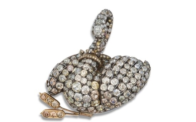 Silver-Topped Gold, Colored Diamond and Diamond Brooch
