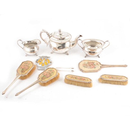 Silver part dressing table set, Mappin & Webb Ltd, Birmingham 1939, and other items.