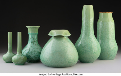 Six Sarreguemines Pottery Green Crystalline Glazed Etna Vases (circa 1900)