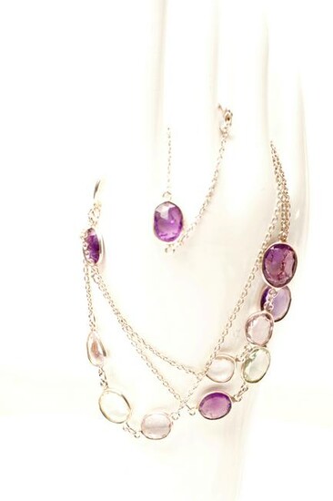 Sterling Silver, Amethyst & White Stone Necklace