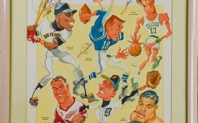 Storyboard Caricature Print of Famous Athletes (Bob Bentovoja, 1960s)