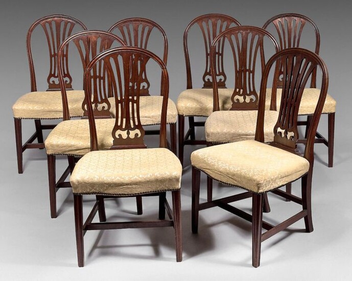 Suite of eight large dining room chairs in mahogany and...