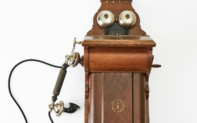 TELEPHONE, wall model, Telephone AB L.M. Ericsson, Stockholm, model AB530, after 1905, later adapted to modern telephony with a rotatable dial.