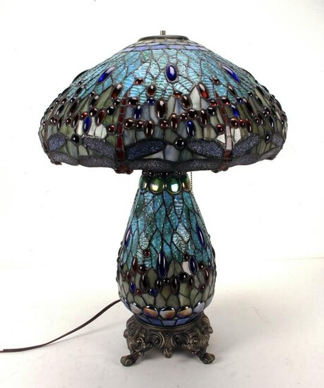 TIFFANY STYLE STAINED GLASS DRAGONFLY URN LAMP