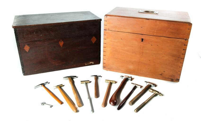 TWO AMERICAN BOXES AND JEWELER HAMMERS.