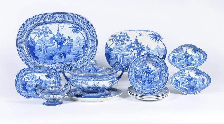 The remnants of a Staffordshire blue and white printed chinoiserie service