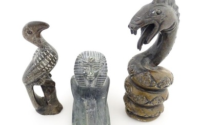 Three 20thC soapstone carvings to include a coiled snake, a stylised bird and a sphinx. Snake