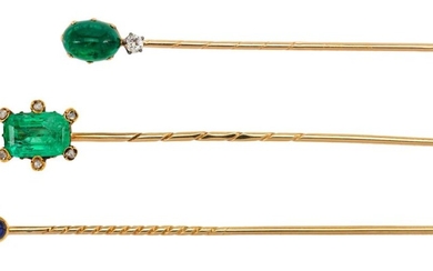 Three Russian, late 19th century diamond and gem-set stickpins: one set with an oval cabochon sapphire and two old-cut diamonds; one with an oval cabochon emerald and one old-cut diamond and one with a cushion shaped emerald the claws accented with...