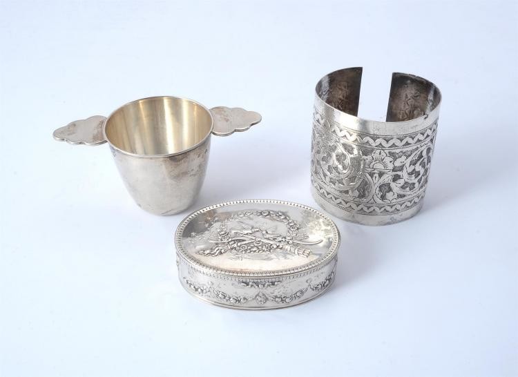 Three foreign silver coloured items