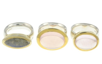Three silver bi-colour gem rings