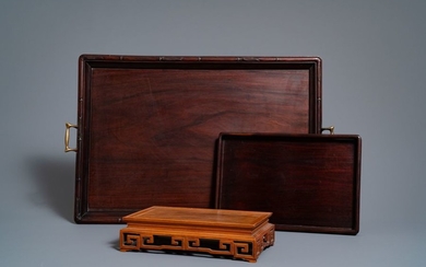 Two Chinese carved wooden trays and a stand,...