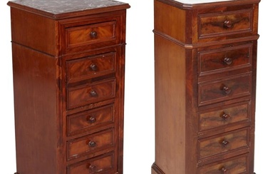 Two French Louis Philippe Marble Top Mahogany Nightstands, mid 19th c., H.- 37 in., W.- 16 in., D.