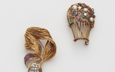 Two German 14/18k gold diamond and coloured gemstone brooches.