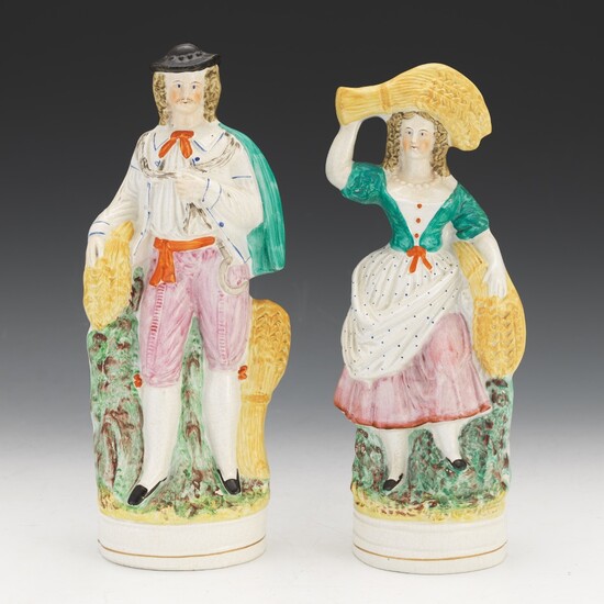 Two Staffordshire Flatback Figures of Man and Woman with Wheat Harvest