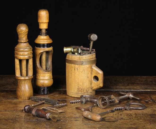 Two Vintage Turned Treen Bottle Corkers, a Collection of Antique & vintage Corkscrews in a coopered