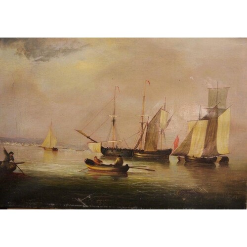 Unattributed Oil on canvas Harbour scene with sailing boat...