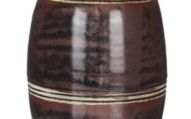 Unknown Designer, Large Studio Pottery barrel form tenmoku glaze vase with celadon glaze to neck and incised banding, late 20th century, Glazed stoneware, Unmarked, 26cm high.