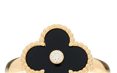 Van Cleef & Arpels 18K Yellow Gold Black Onyx Diamond Vintage Alhambra Ring 59 8.75