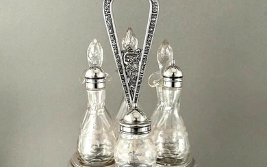 Victorian Meriden Silverplate Cruet Stand with Engraved Bottles