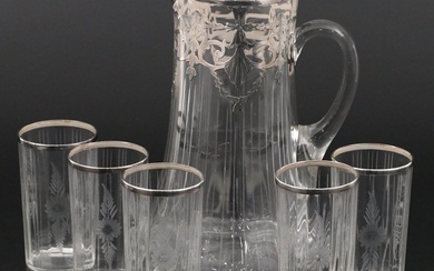 Victorian Style Glass Pitcher with Sterling Overlay and Silver Rimmed Tumblers