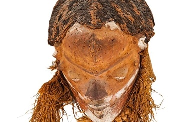 Vintage Congolese Pende Carved Wood And Raffia Mask