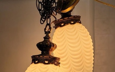 Vintage white draped art glass hanging swag vanity lamps hollywood regency