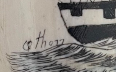 WHALE TOOTH WITH SCRIMSHAW DECORATION WITH ILLEGIBLE SIGNATURE.